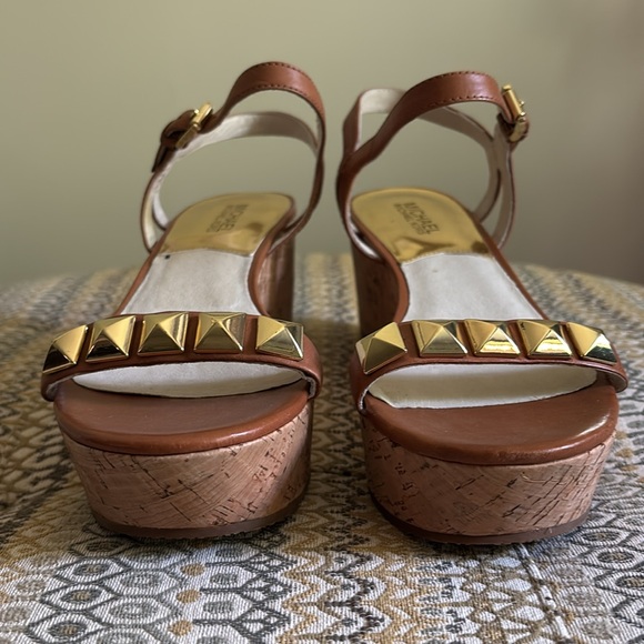 NWOT Michael Kors Brown Persia Cork Wedge Sandals with Gold Grommets - Picture 5 of 12